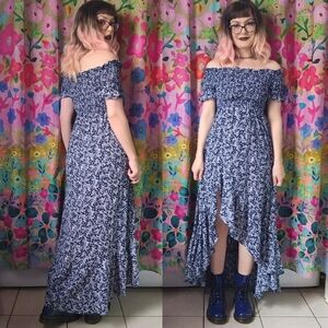 Lulu's Fleur-Tation Navy Blue Floral Print Off Shoulder Hi Lo Dress